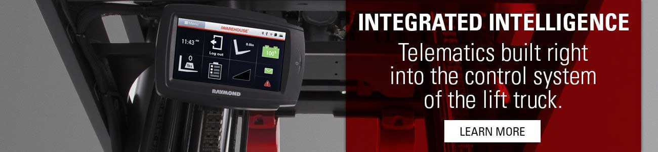 Integrated forklift fleet management solutions, including telematics built directly into the control system of Raymond Reach forklift trucks